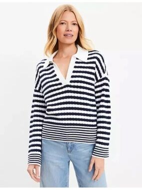 New Ann Taylor LOFT Navy Blue White Striped Collared Sweater Womens pullover XS
